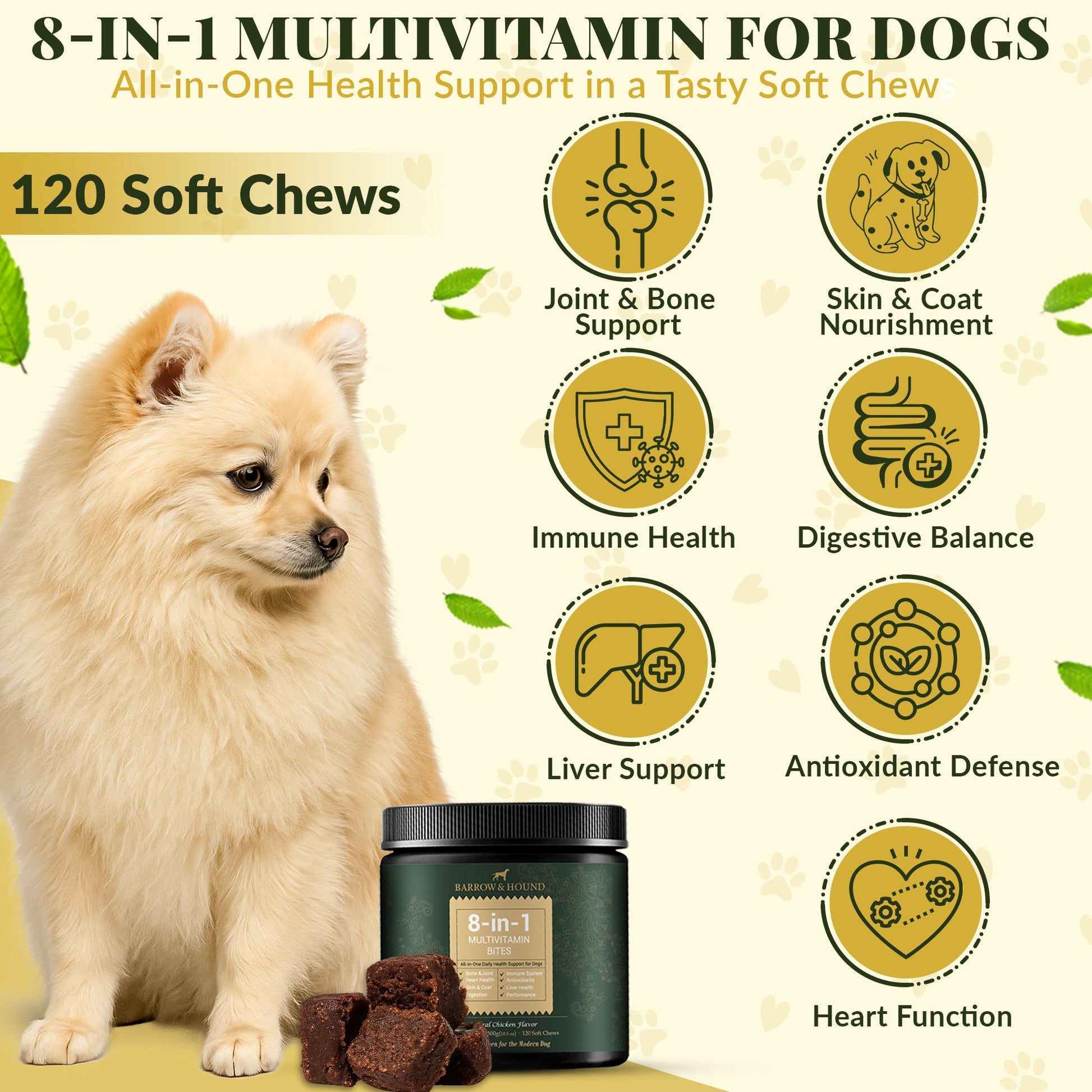 8 - in - 1 Daily Multivitamin Bites for Dogs – All - in - One Health Support, 120 Soft Chews - Barrow & Hound