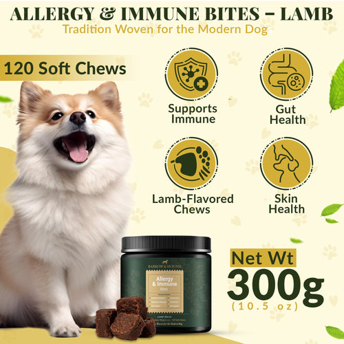 Allergy & Immune Bites for Dogs – Colostrum, Probiotics & Omega - 3 – Seasonal Allergy & Itchy Skin Relief – Peanut Butter Flavor - Barrow & Hound